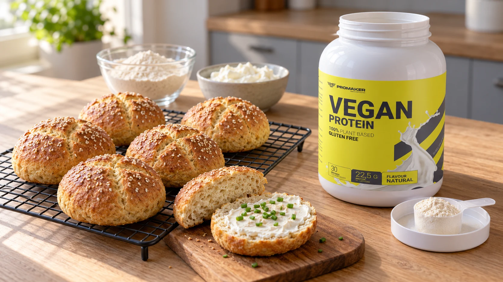 Bułki proteinowe z sezamem na kratce, jedna przekrojona z twarożkiem, obok odżywka Vegan Protein PROMAKER Natural