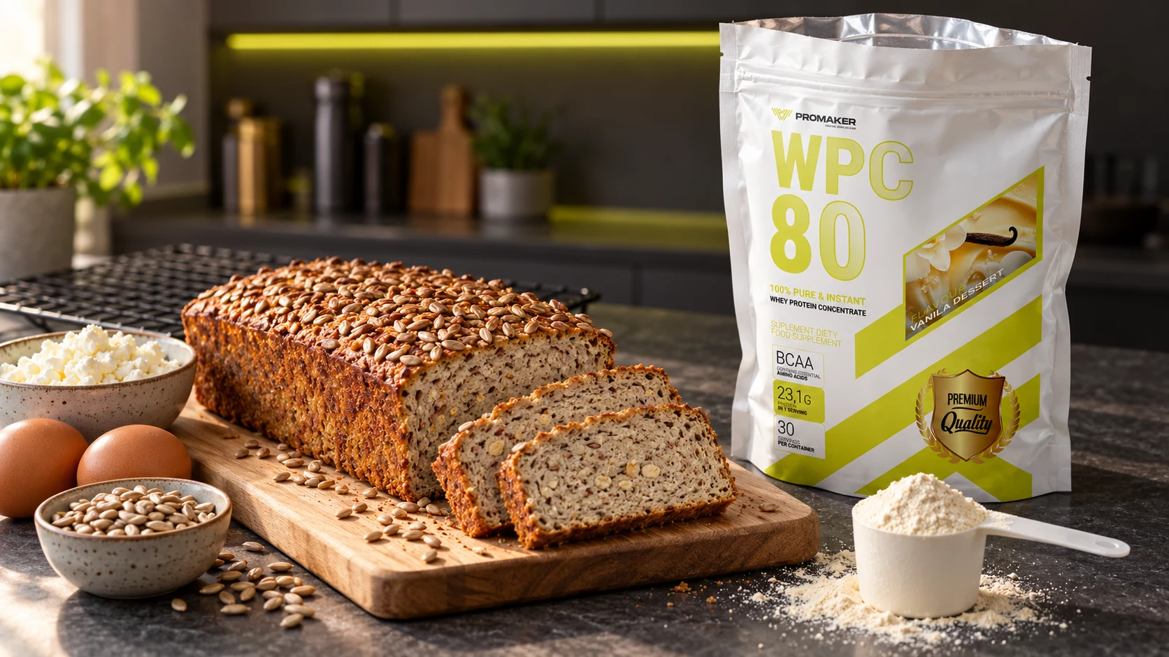 Chleb proteinowy z keksówki posypany słonecznikiem, kromki na desce, obok twaróg, jajka i odżywka Gold WPC80 PROMAKER