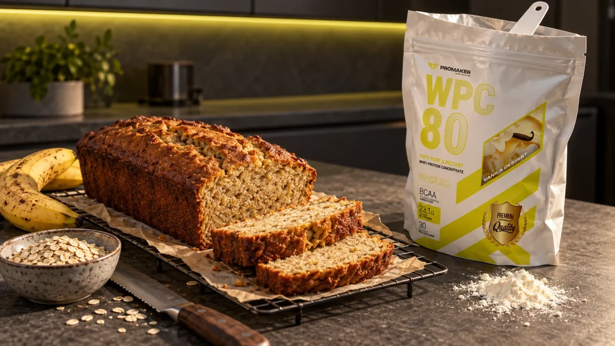 Ciasto proteinowe bananowe z płatków owsianych na kratce, obok banany i otwarta odżywka WPC 80 PROMAKER