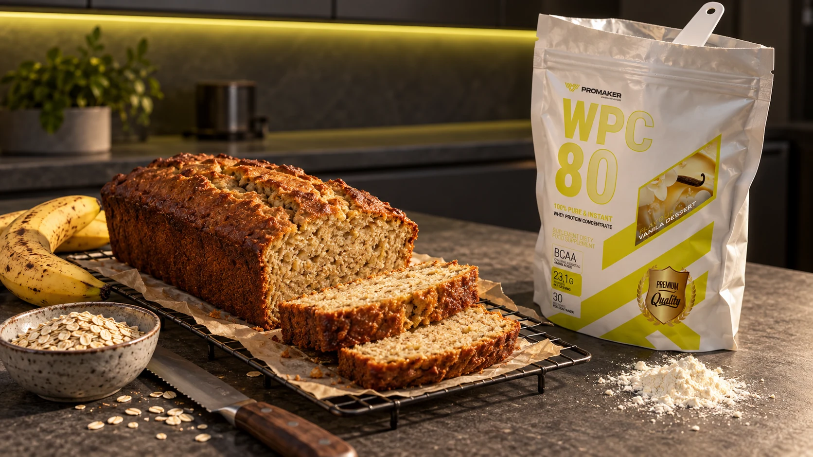 Ciasto proteinowe bananowe z płatków owsianych na kratce, obok banany i otwarta odżywka WPC 80 PROMAKER