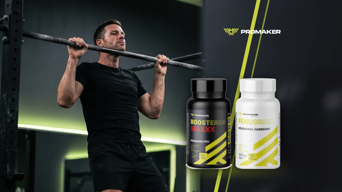 Mężczyzna podciąga się na drążku na ciemnej siłowni z seledynowym światłem; obok Boosteron Maxxx i Fenugreek Promaker