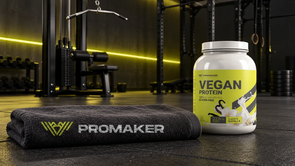 Siłownia z wyciągiem do ściągania drążka, na podłodze odżywka Vegan Protein PROMAKER i ręcznik z logo