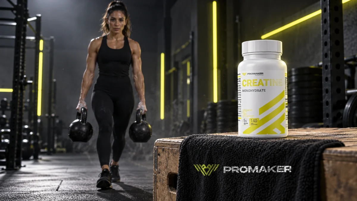 Kobieta robi spacer farmera z kettlebellami w siłowni, obok kreatyna PROMAKER w kapsułkach i ręcznik z logo