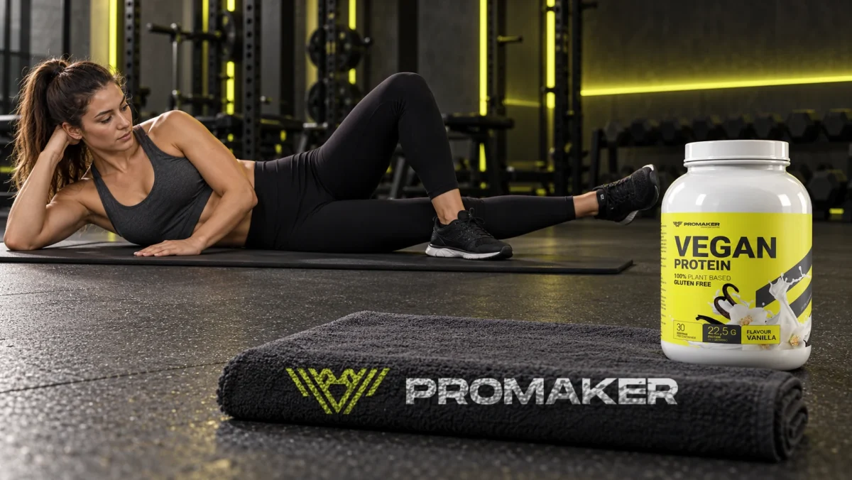 Kobieta ćwiczy wewnętrzną stronę ud w leżeniu bokiem na macie, obok odżywka Vegan Protein PROMAKER i ręcznik z logo