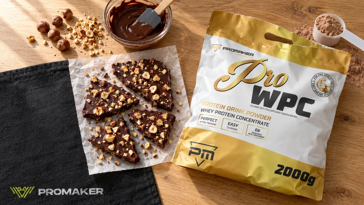 Domowa czekolada proteinowa z orzechami laskowymi połamana na kawałki, obok roztopiona czekolada i worek Pro WPC PROMAKER