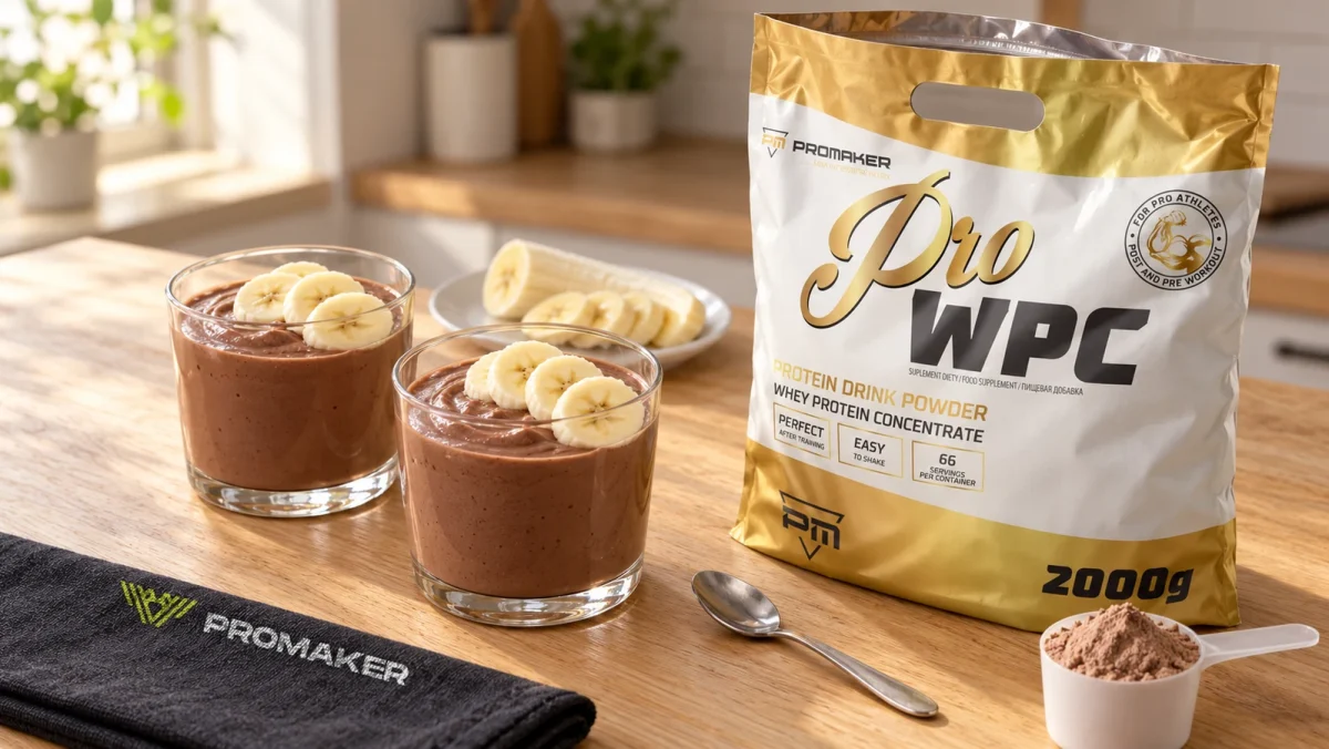 Dwa pucharki czekoladowego deseru proteinowego z twarogu z bananem, odżywka Pro WPC PROMAKER i czarny ręcznik z logo