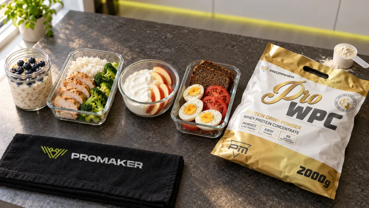 Jadłospis 1500 kcal w pojemnikach: owsianka z borówkami, kurczak z ryżem i brokułami, jajka, chleb i odżywka Pro WPC PROMAKER
