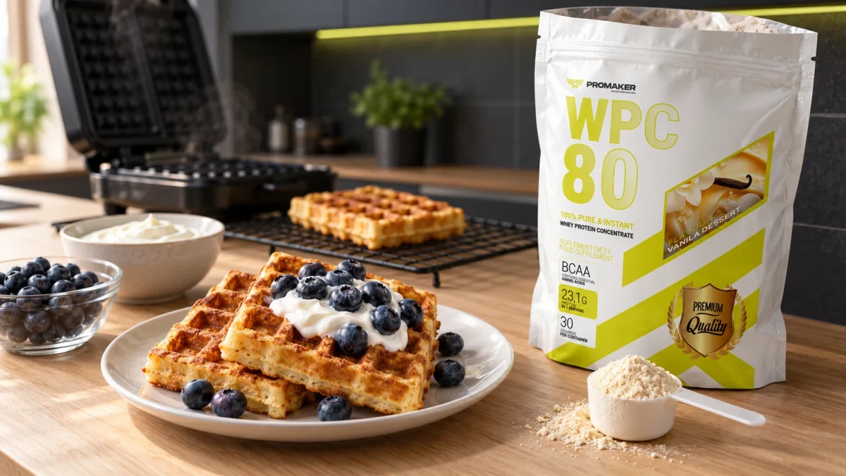 Gofry proteinowe z jogurtem greckim i borówkami na talerzu, obok gofrownica i odżywka Gold WPC80 PROMAKER