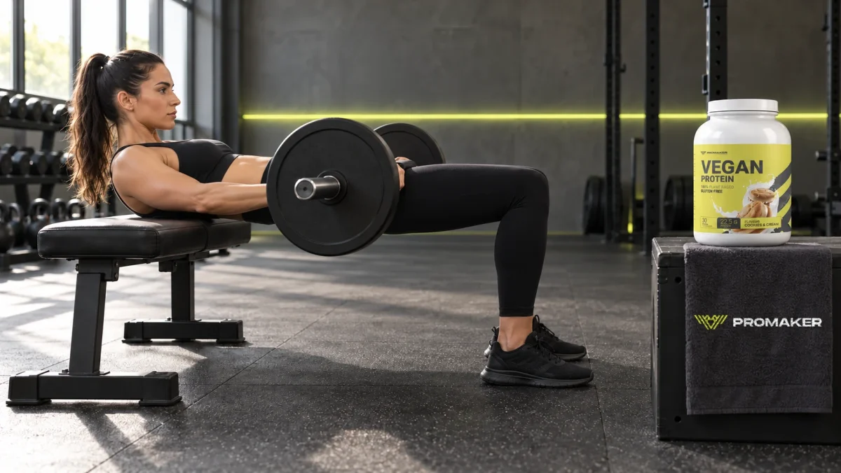 Kobieta robi hip thrust ze sztangą na ławce w siłowni, obok słoik Vegan Protein PROMAKER i ręcznik z logo