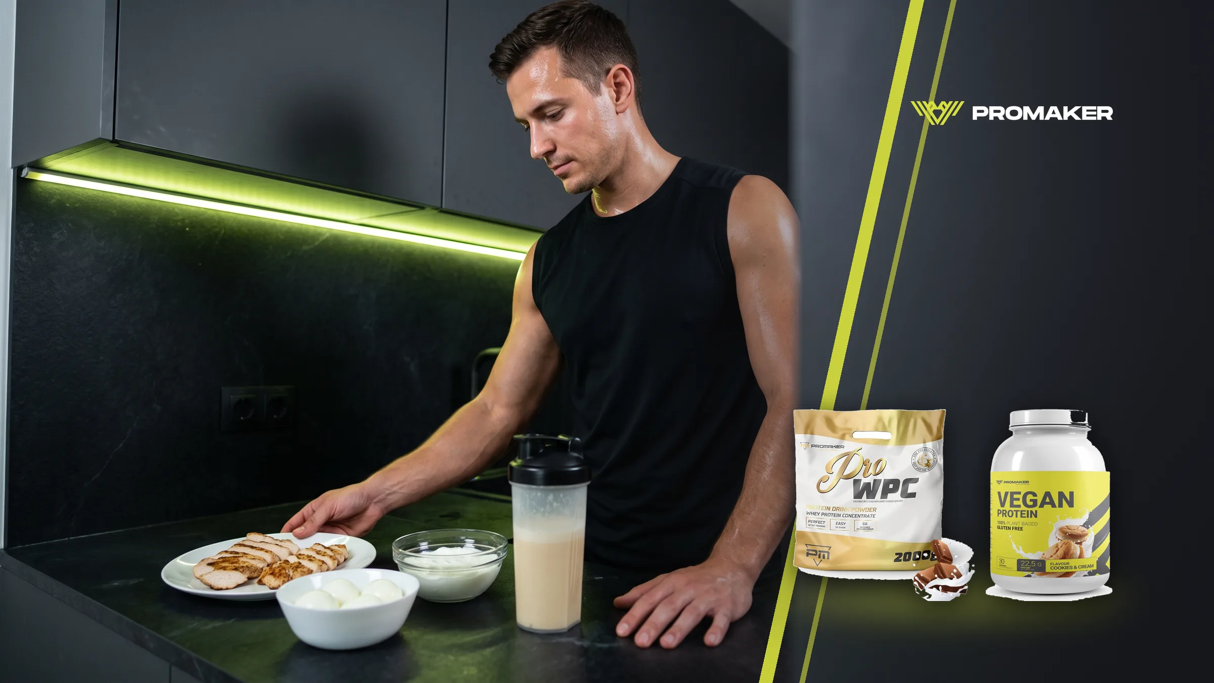 Ile białka dziennie: po treningu mężczyzna podaje kurczaka, jajka, jogurt grecki i shake; obok Pro WPC i Vegan Protein