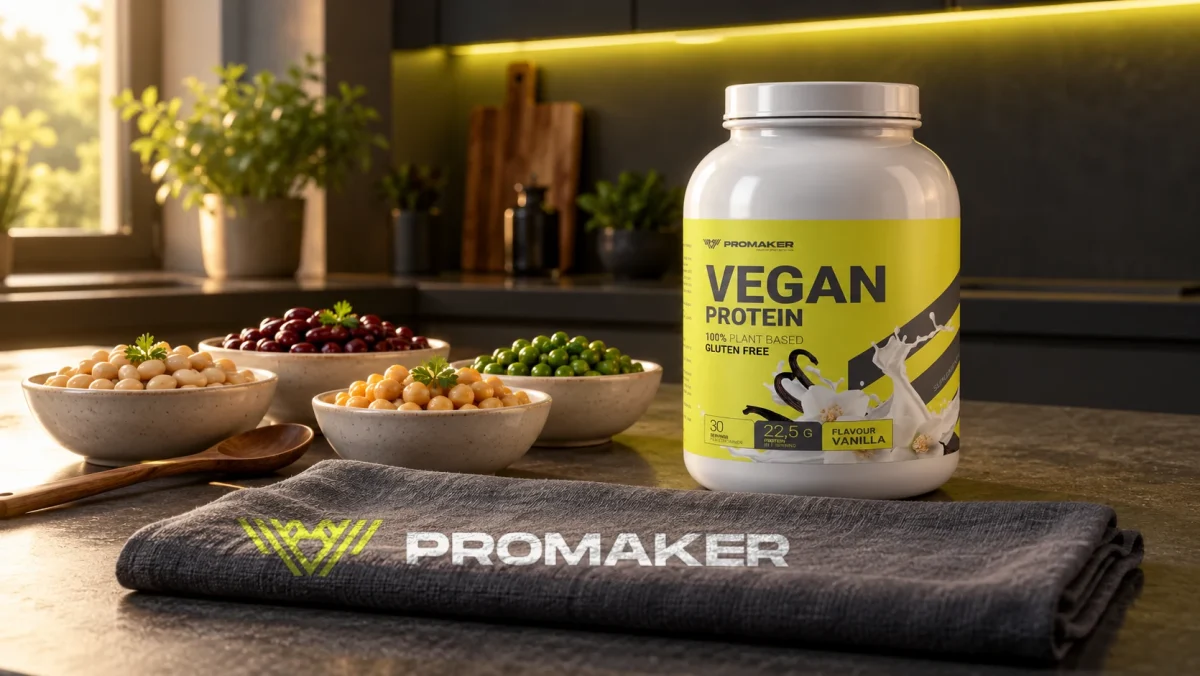Miseczki ugotowanych strączków na blacie kuchennym, obok odżywka Vegan Protein PROMAKER i ręcznik z logo