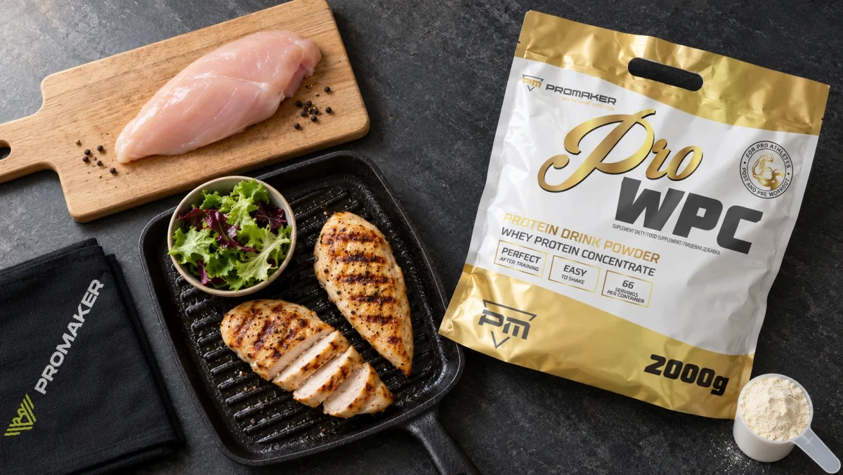 Surowy filet z piersi kurczaka na desce i grillowane piersi na patelni obok odżywki Pro WPC PROMAKER