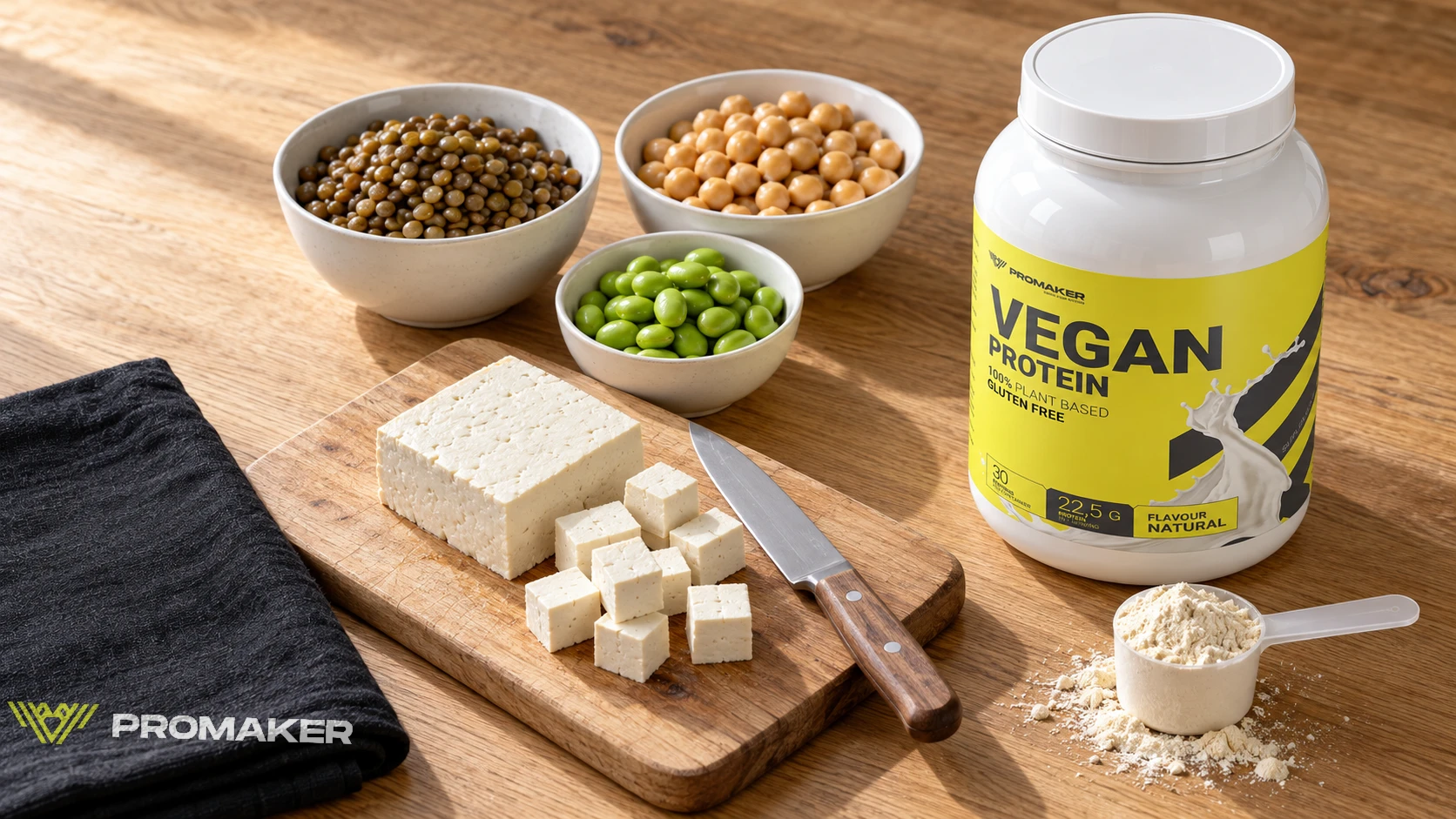 Tofu twarde pokrojone w kostkę na desce, miski z soczewicą, ciecierzycą i edamame oraz słoik Vegan Protein PROMAKER na stole