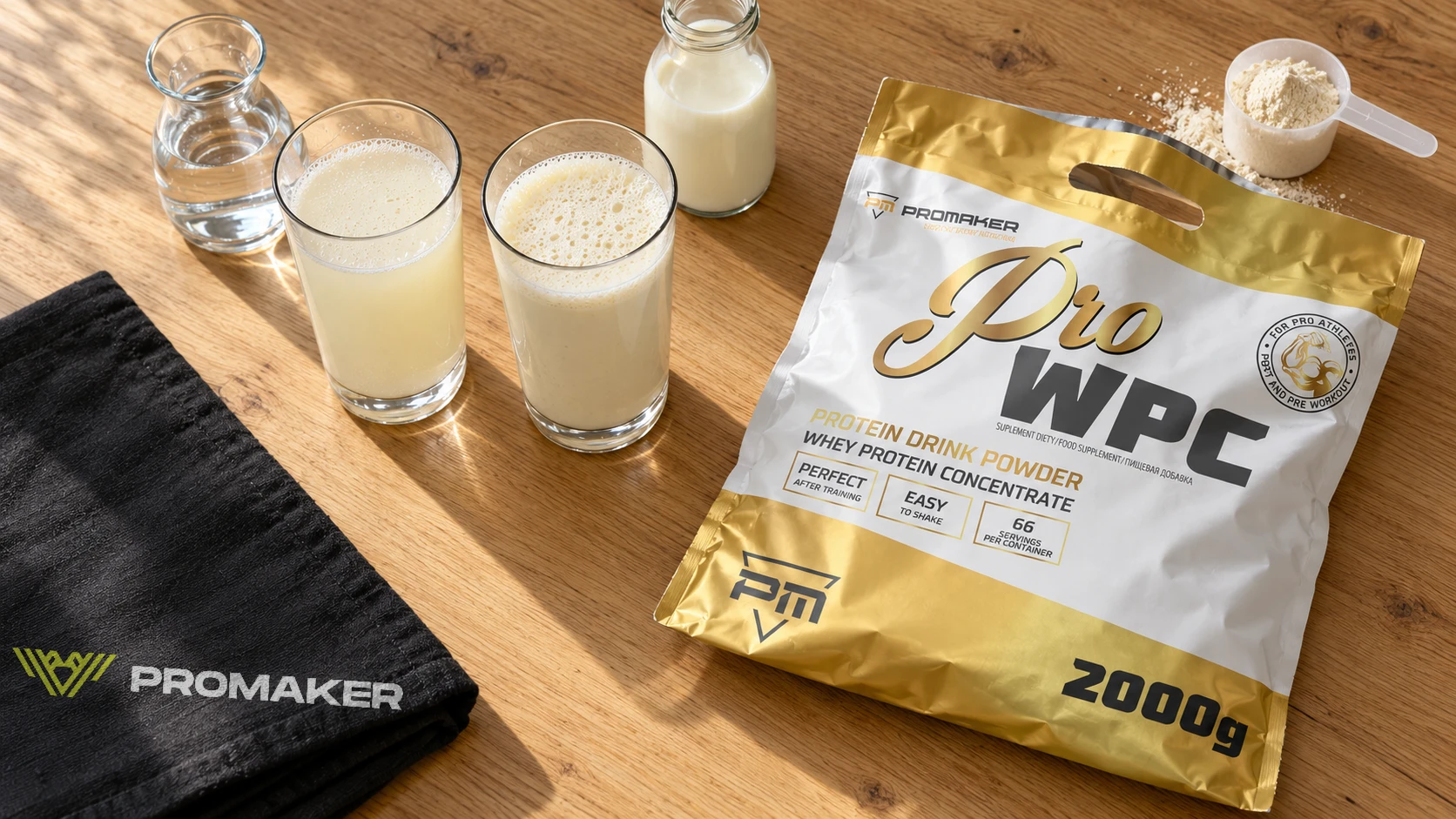 Dwa shake'i białkowe z wodą i mlekiem w szklankach, karafka wody, butelka mleka i worek odżywki Pro WPC PROMAKER na stole