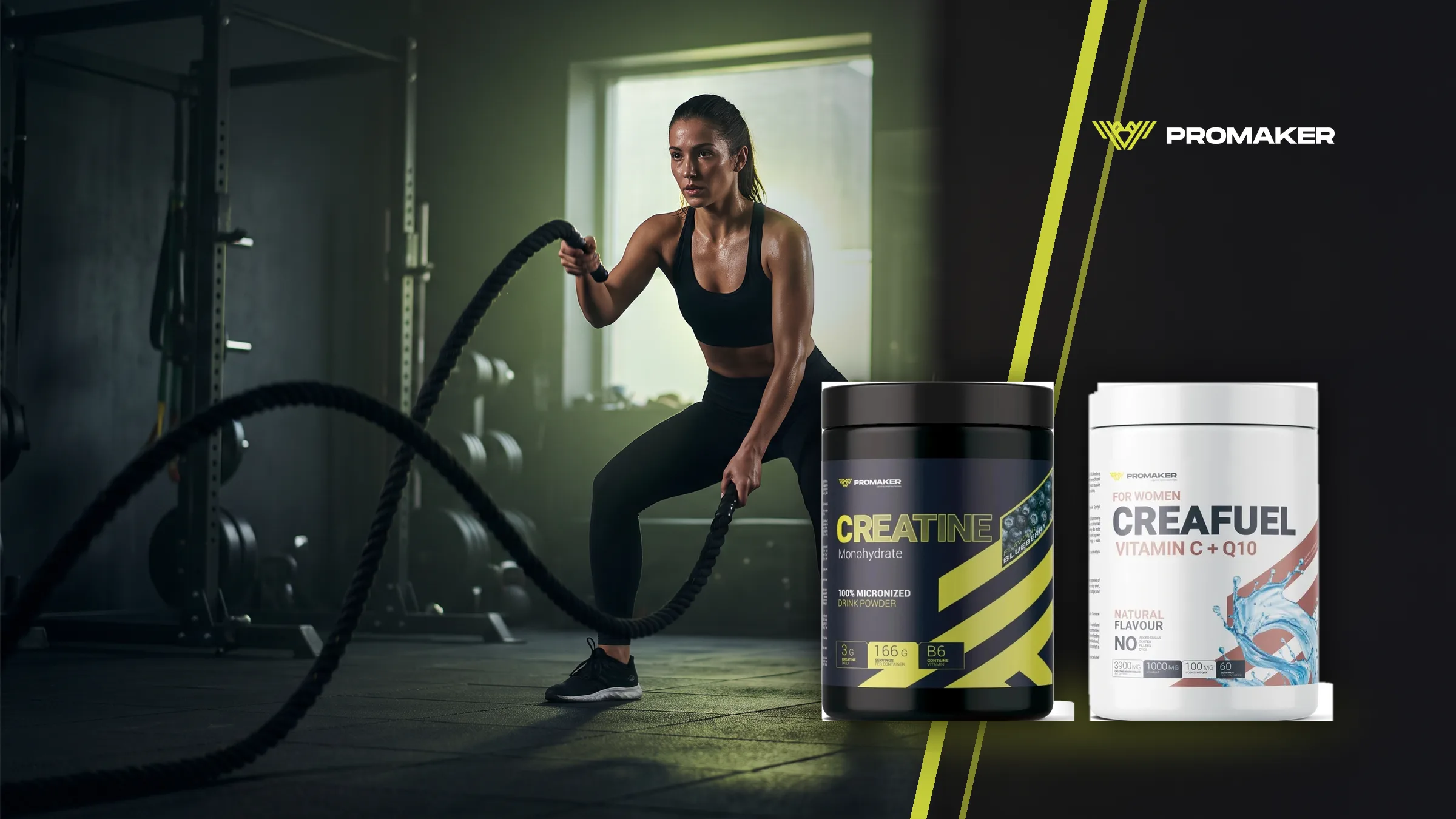 Kobieta trenuje z linami bojowymi na siłowni; kreatyna Creatine Monohydrate 500 g i CreaFuel PROMAKER