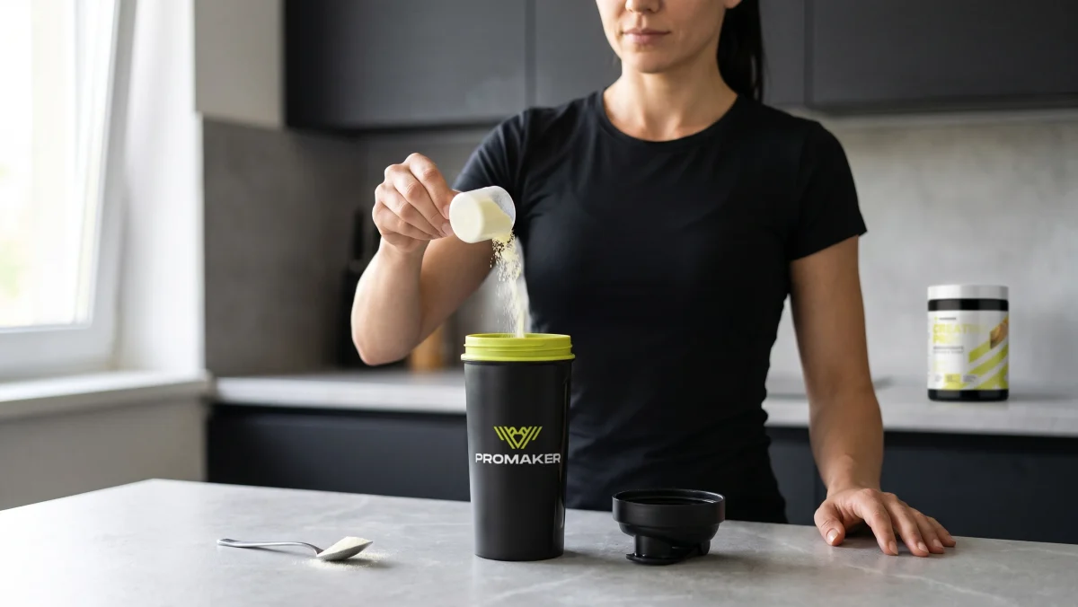 Kobieta w kuchni wsypuje miarkę kreatyny do shakera PROMAKER, obok łyżeczka z proszkiem, w tle puszka Creatine PRO+