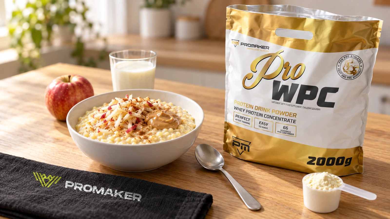 Miska jaglanki proteinowej z jabłkiem, masłem orzechowym i cynamonem, obok odżywka Pro WPC PROMAKER i ręcznik z logo