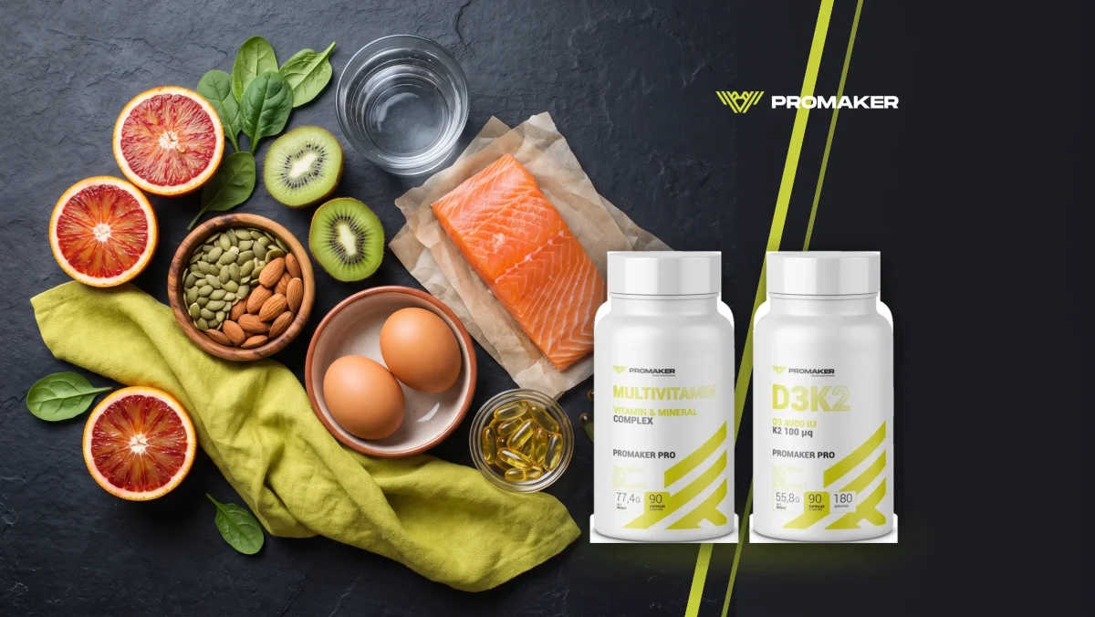 Żywność bogata w witaminy i minerały: pomarańcze, kiwi, szpinak, łosoś, jajka i pestki; obok Multivitamin Complex i D3+K2