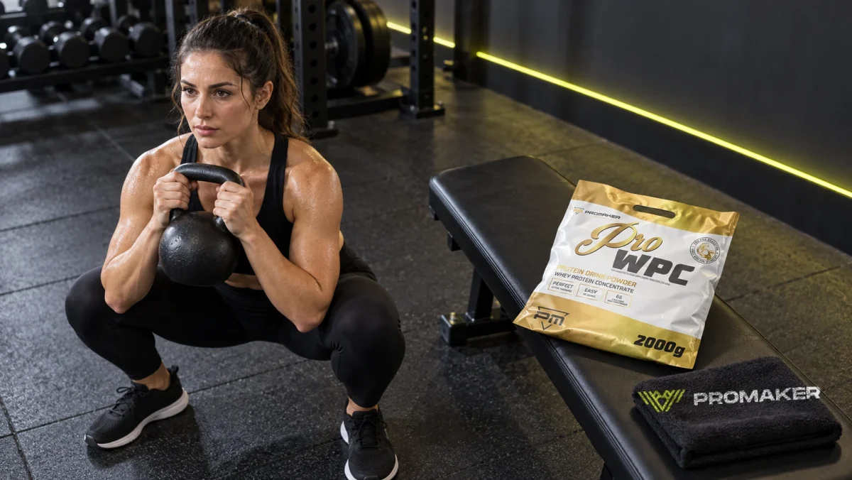 Kobieta robi przysiad z kettlebell na siłowni, obok na ławce odżywka Pro WPC PROMAKER i ręcznik z logo