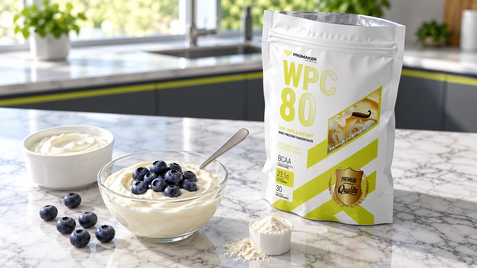 Jogurt proteinowy z borówkami w szklanej miseczce, obok otwarty worek odżywki WPC 80 PROMAKER i miarka