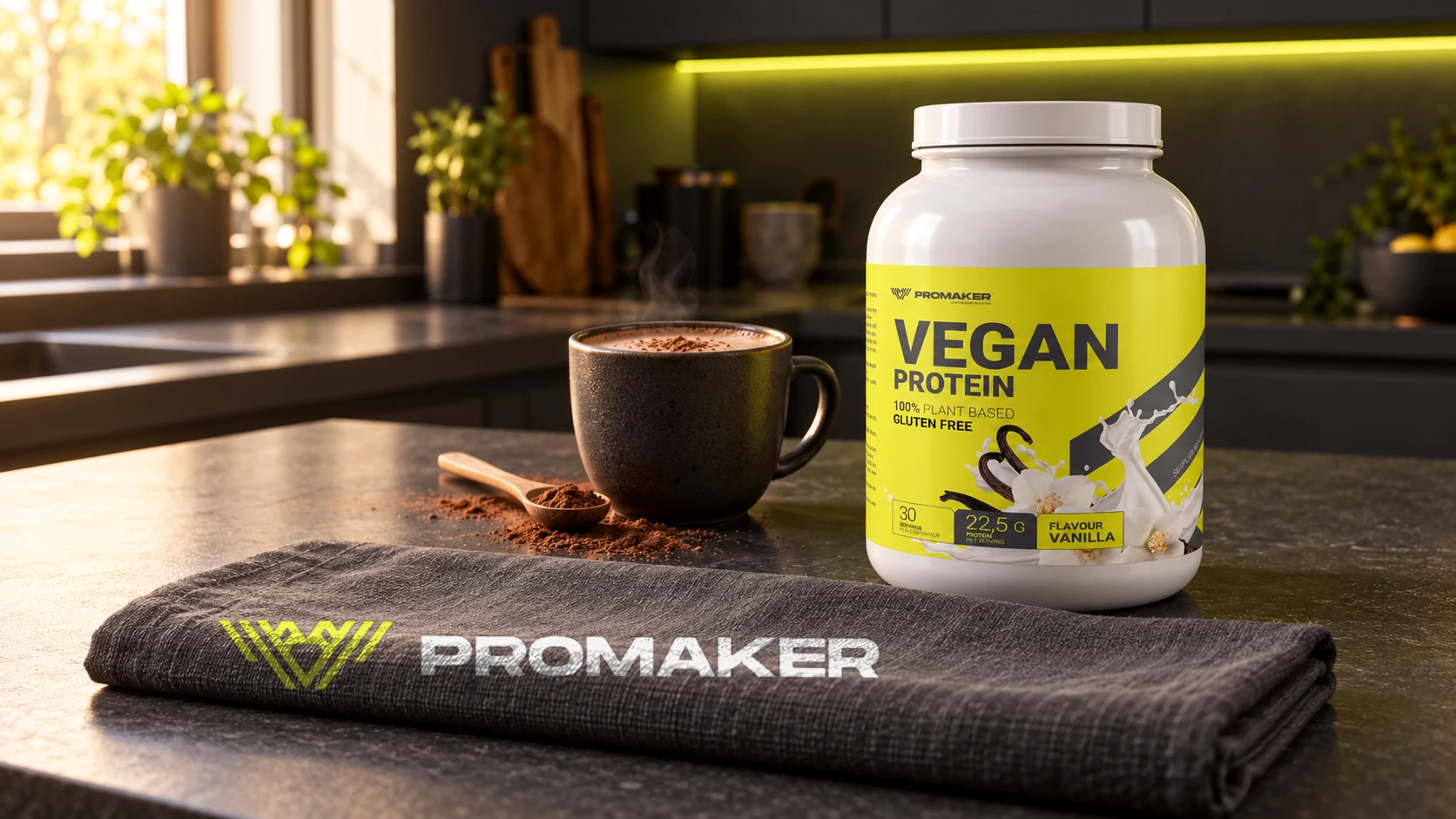 Kubek gorącego kakao proteinowego na blacie kuchennym, obok odżywka Vegan Protein PROMAKER i ręcznik z logo