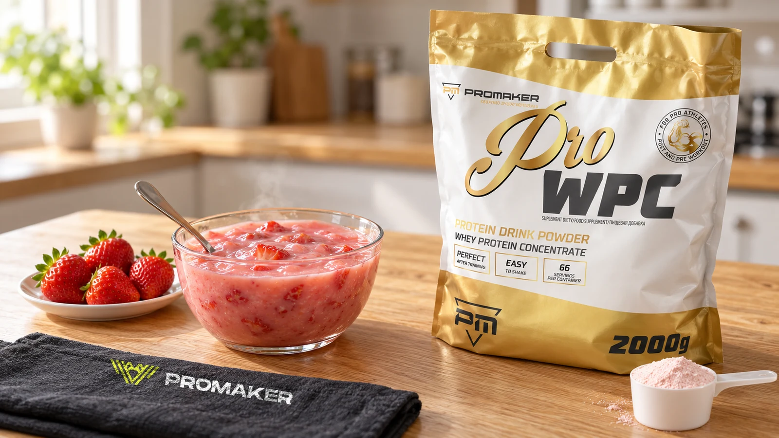 Szklana miseczka kisielu proteinowego z truskawkami, talerzyk truskawek, odżywka Pro WPC PROMAKER i czarny ręcznik z logo