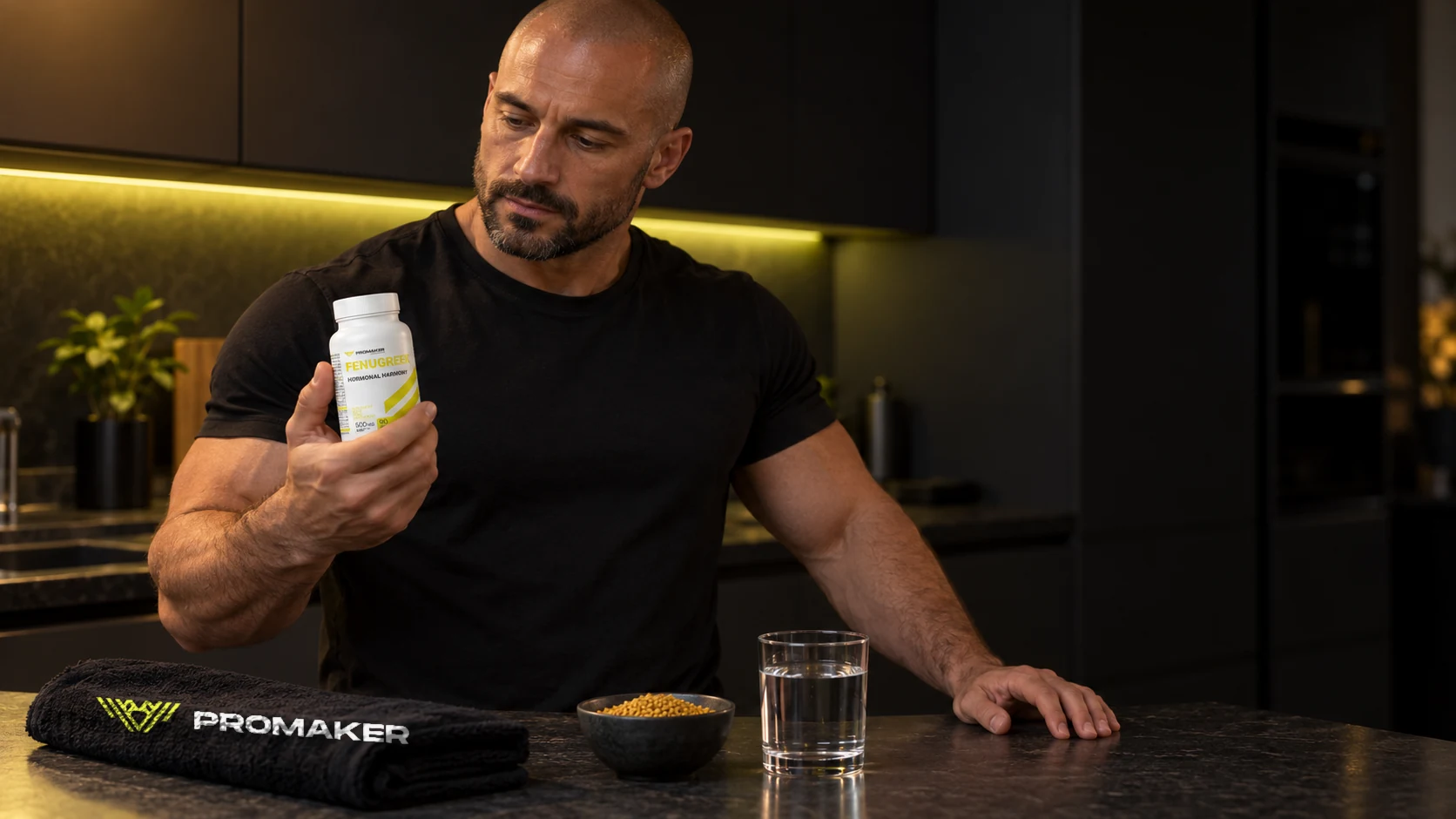 Kozieradka: mężczyzna po treningu czyta w kuchni etykietę Fenugreek 500 mg PROMAKER, obok miseczka nasion kozieradki