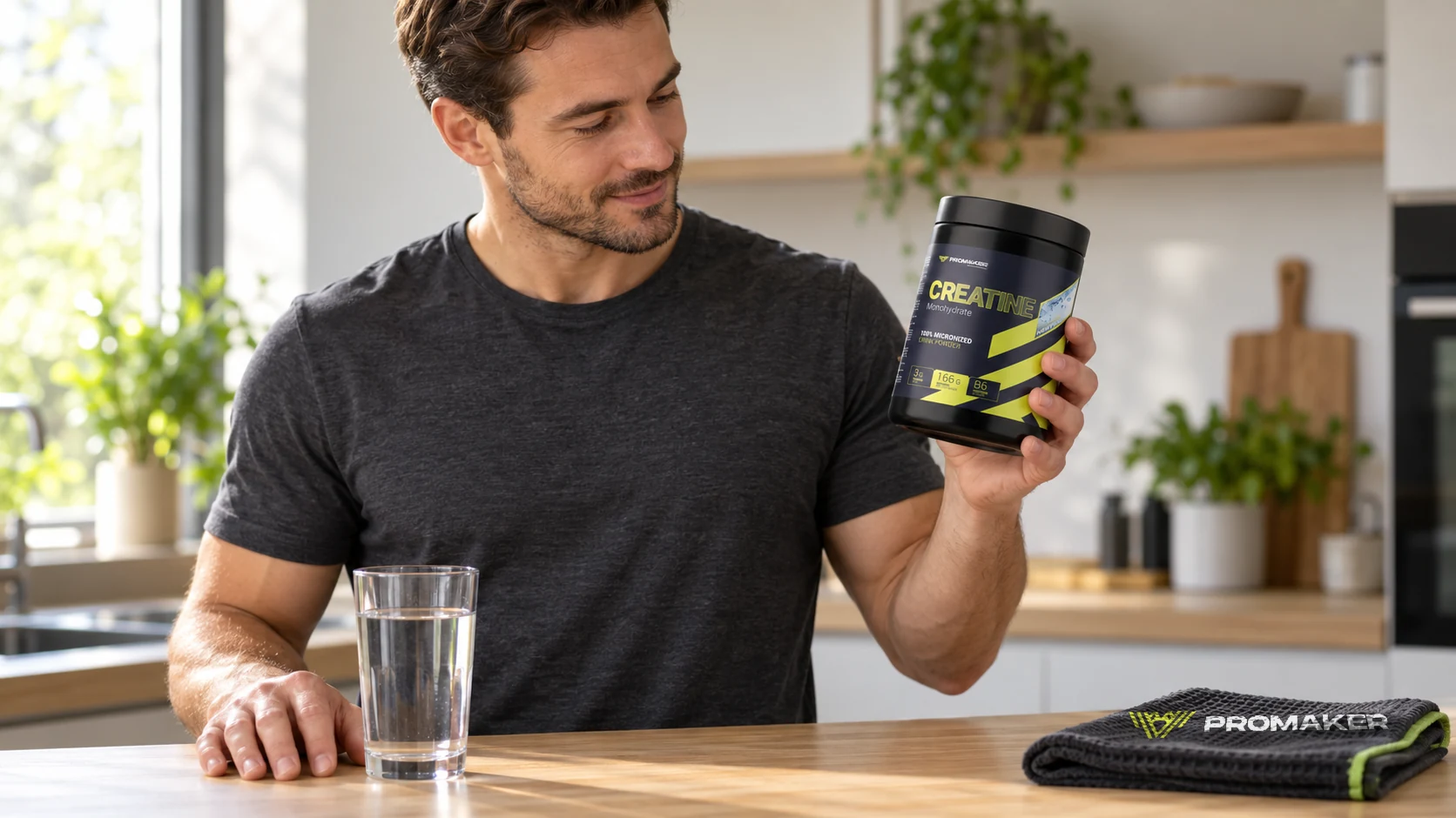 Kreatyna a nerki: mężczyzna w jasnej kuchni ogląda puszkę Creatine Monohydrate PROMAKER, obok szklanka wody