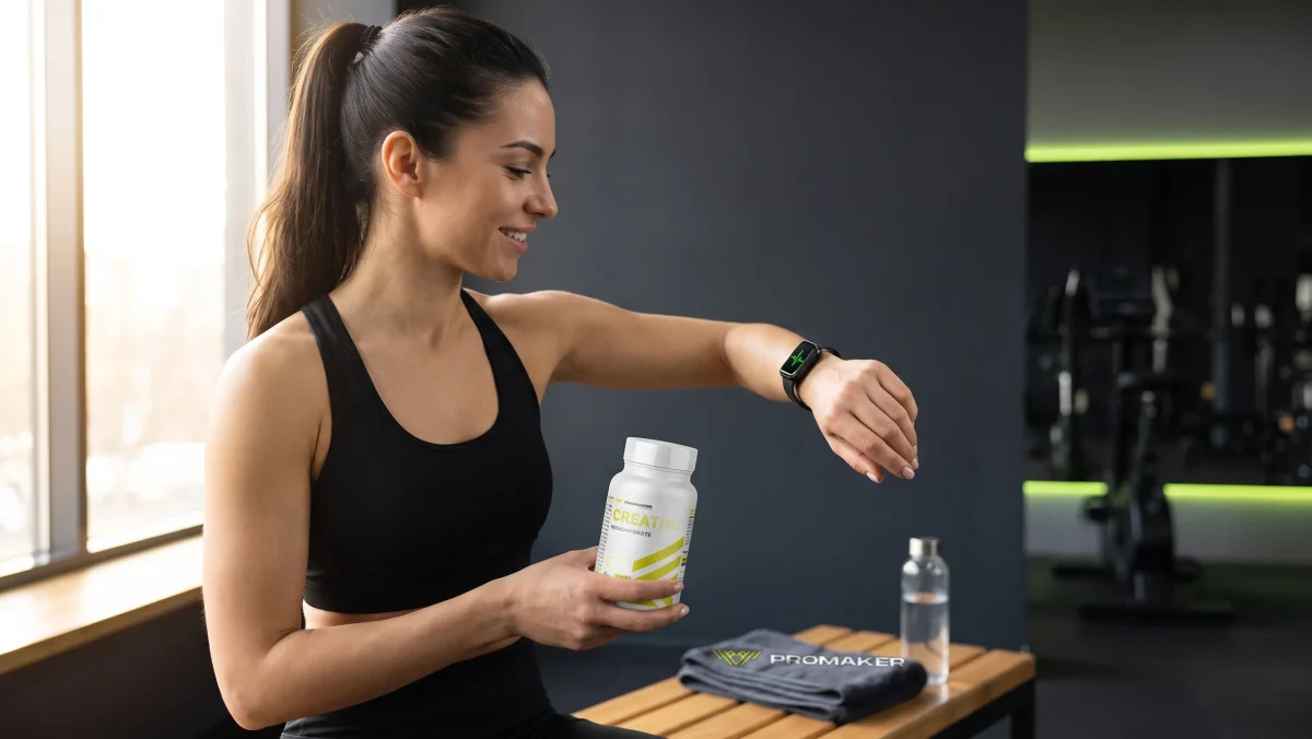 Kobieta po treningu sprawdza tętno na zegarku i trzyma kreatynę PROMAKER Creatine Monohydrate, obok ręcznik PROMAKER