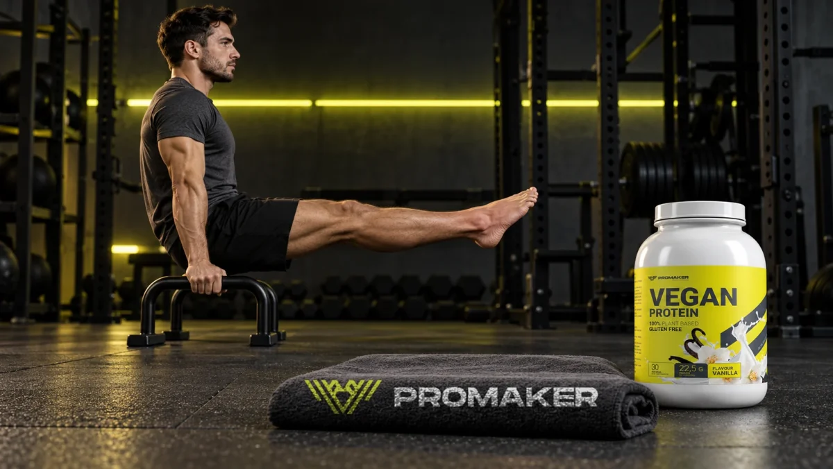 Mężczyzna w L-sit na poręczach w siłowni, obok odżywka Vegan Protein PROMAKER i ręcznik z logo