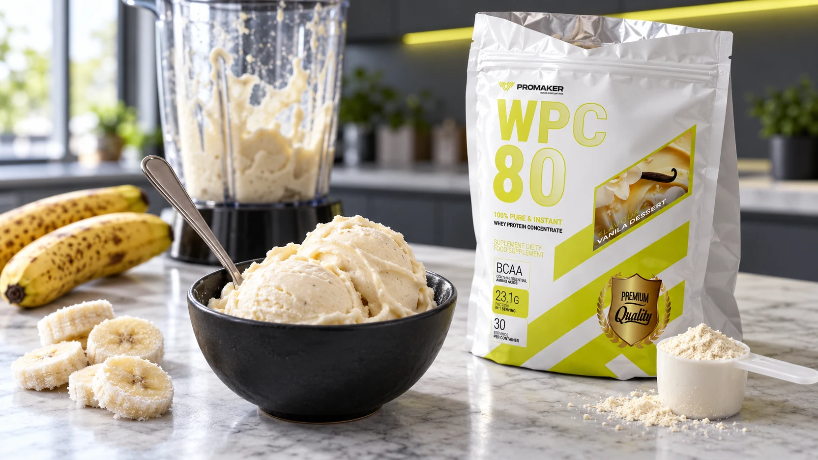 Lody proteinowe z mrożonych bananów i odżywki w czarnej miseczce, obok blender i odżywka Gold WPC80 PROMAKER