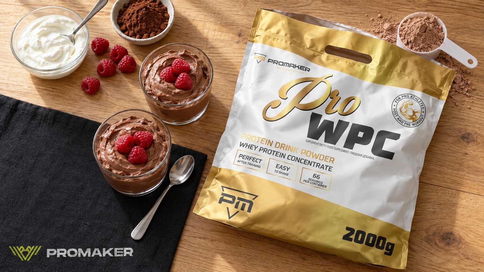 Dwa pucharki czekoladowego musu proteinowego z malinami na stole, obok jogurt grecki, kakao i otwarty worek Pro WPC PROMAKER