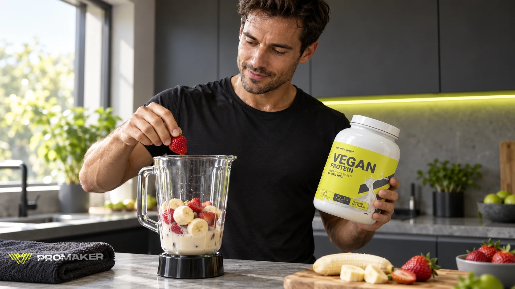 Mężczyzna po biegu trzyma Vegan Protein Natural PROMAKER i dorzuca truskawkę do koktajlu z bananem