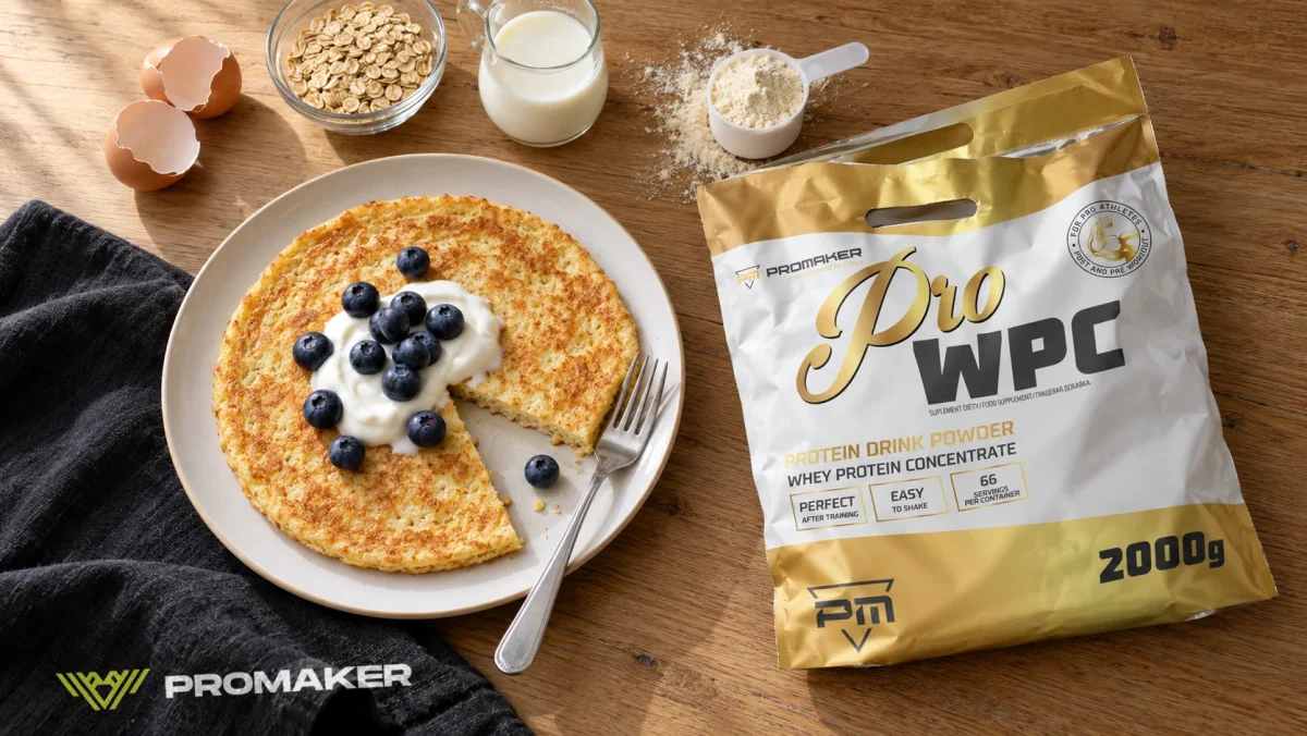 Cienki omlet proteinowy z jogurtem greckim i borówkami na talerzu, obok otwarty worek odżywki Pro WPC PROMAKER wanilia i miarka z proszkiem