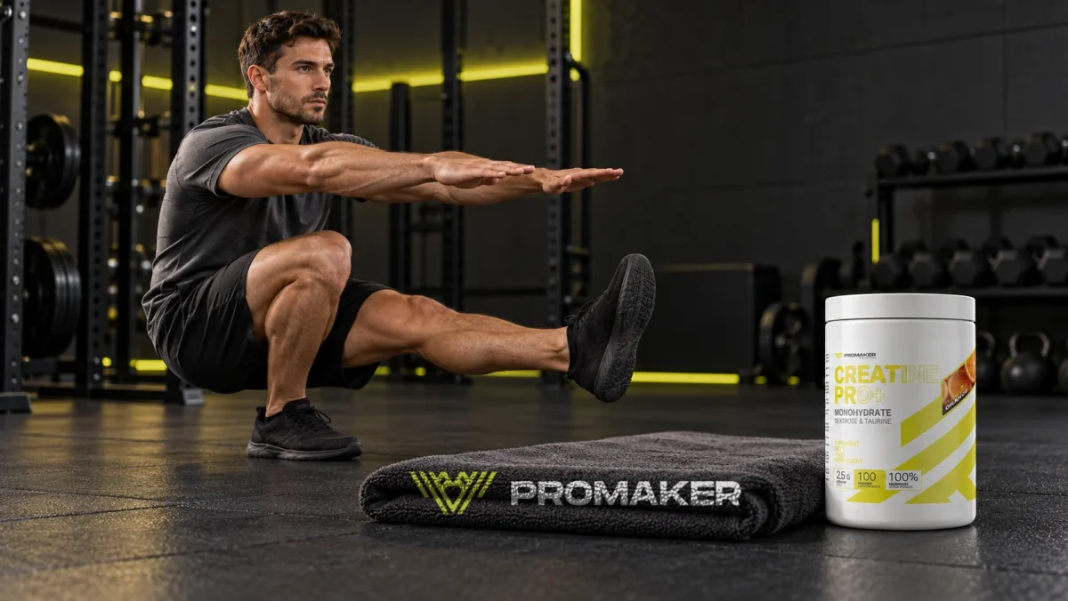 Mężczyzna robi pistol squat w siłowni, obok kreatyna Creatine PRO+ PROMAKER i ręcznik z logo
