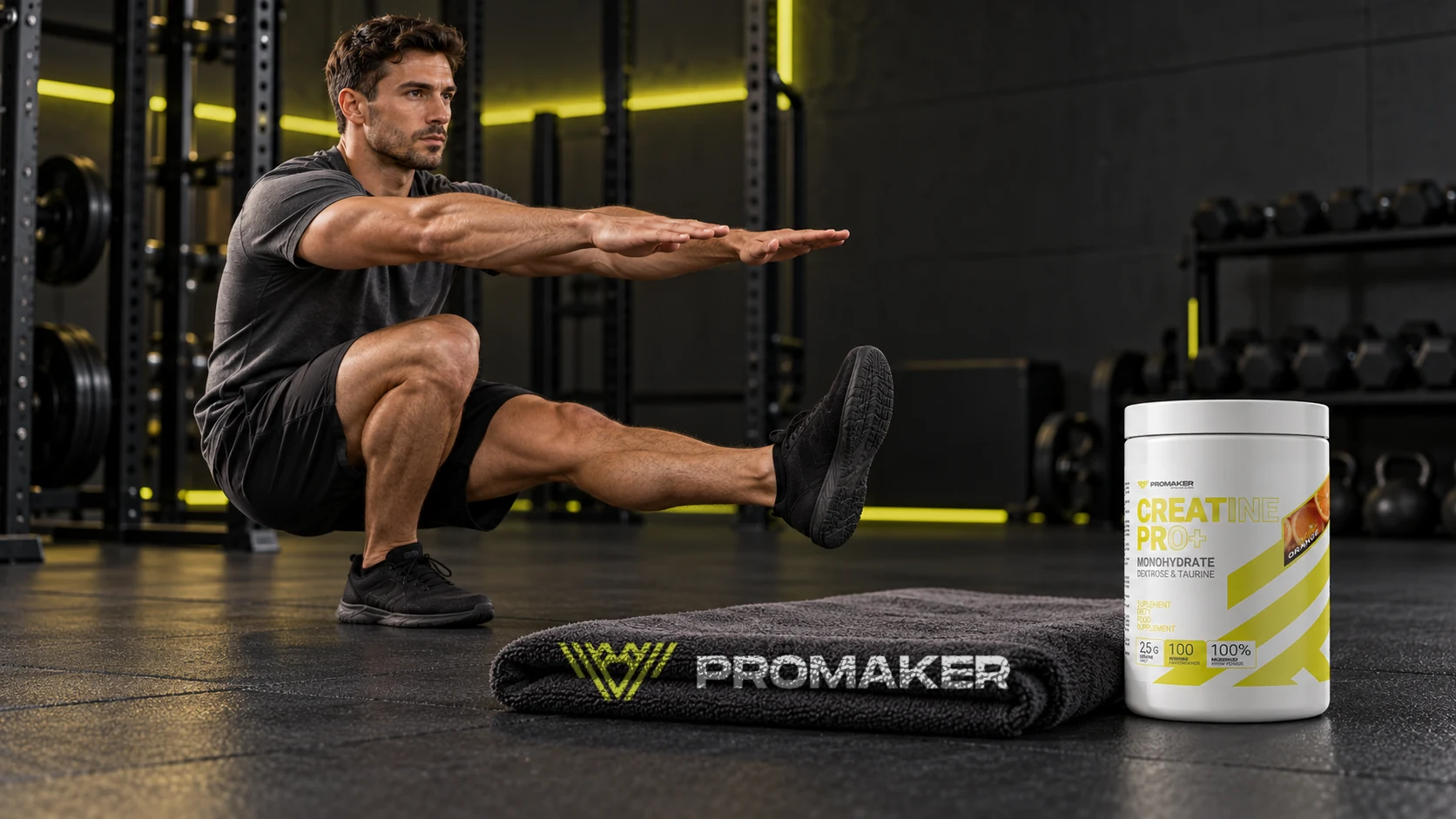 Mężczyzna robi pistol squat w siłowni, obok kreatyna Creatine PRO+ PROMAKER i ręcznik z logo