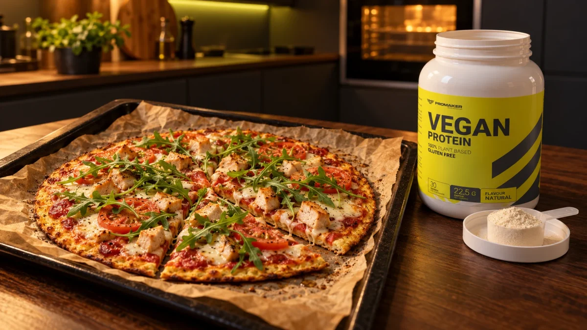Pizza proteinowa na cienkim spodzie z twarogu z kurczakiem, pomidorem i rukolą, obok odżywka Vegan Protein PROMAKER