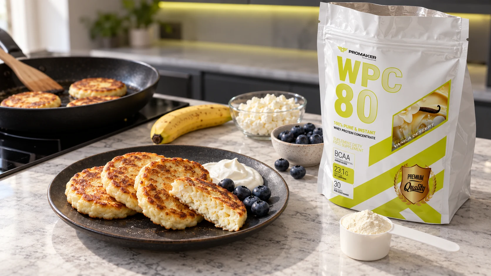 Placki proteinowe z twarogiem z jogurtem greckim i borówkami, patelnia z plackami i odżywka Gold WPC80 PROMAKER
