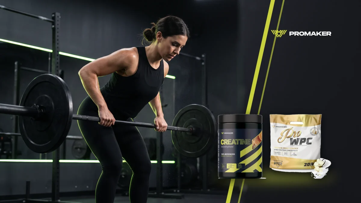 Plan treningowy na masę: kobieta wiosłuje sztangą w ciemnej siłowni; obok kreatyna Creatine Monohydrate i odżywka Pro WPC