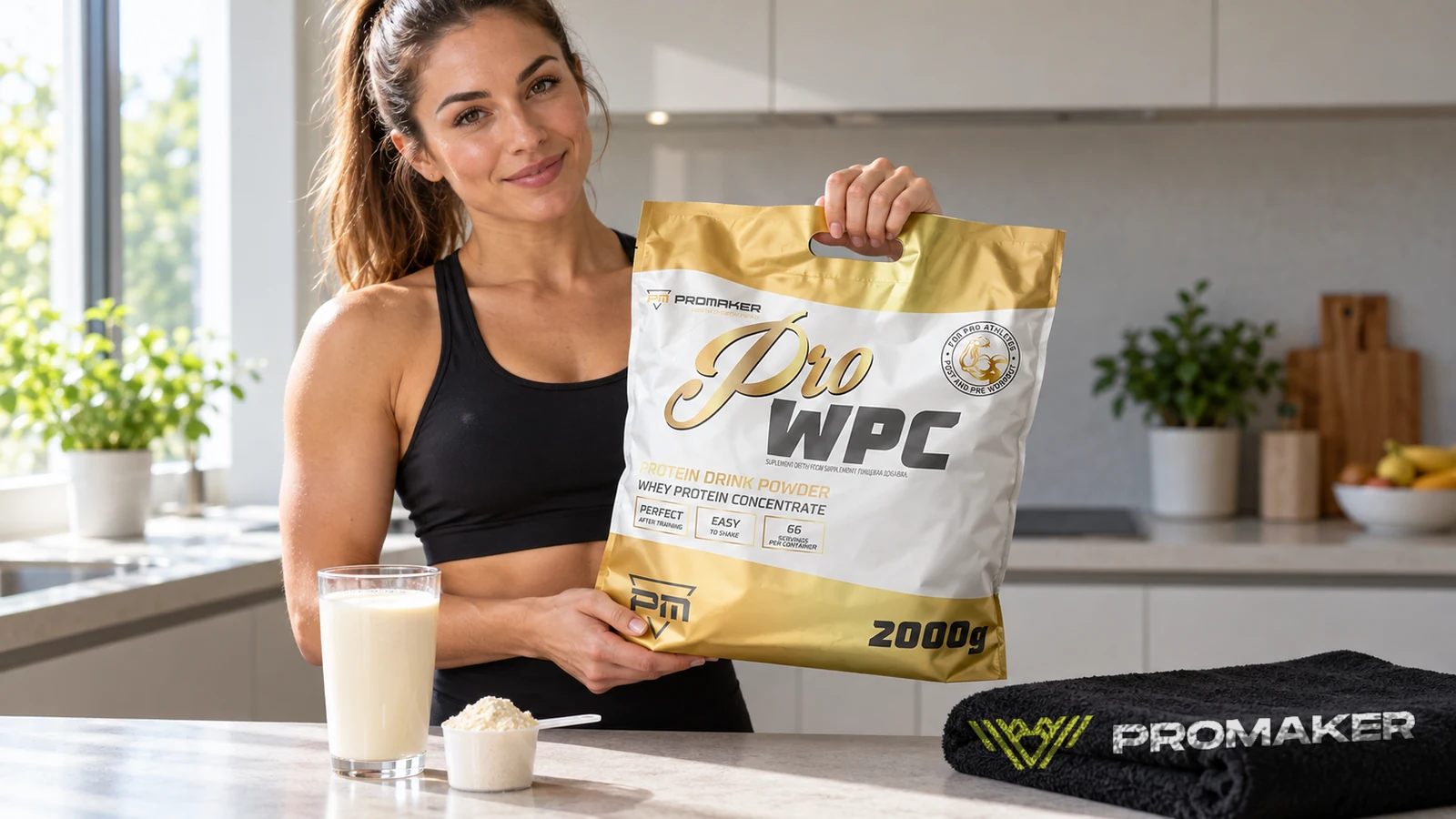 Pro WPC PROMAKER 2000 g: kobieta w kuchni po treningu trzyma worek odżywki, obok szklanka shake'a i miarka z proszkiem