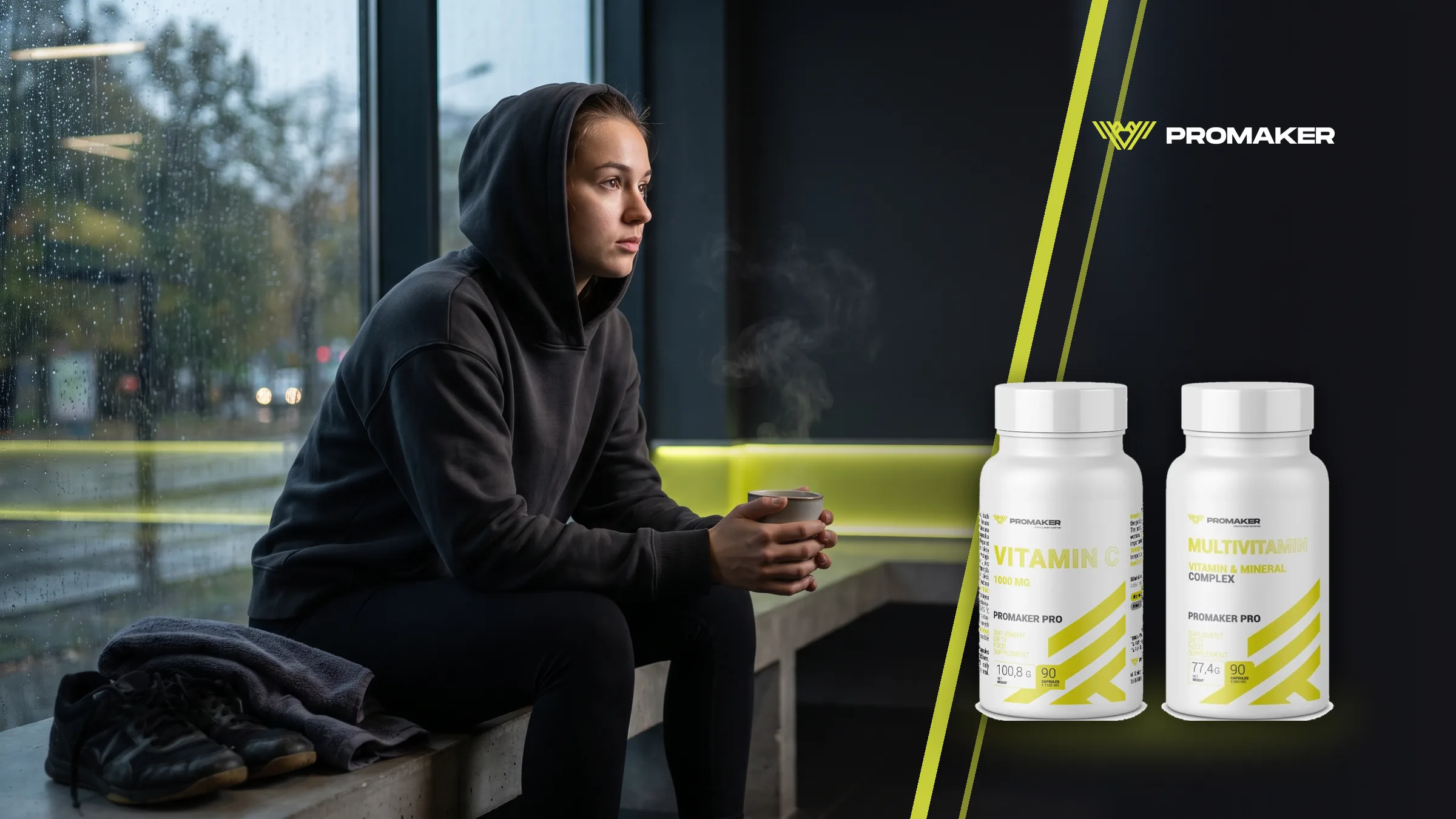 Młoda kobieta w ciemnej bluzie z kapturem siedzi na ławce w siłowni z kubkiem gorącej herbaty, za oknem deszcz; obok Vit C 1000 mg i Multivitamin Complex Promaker
