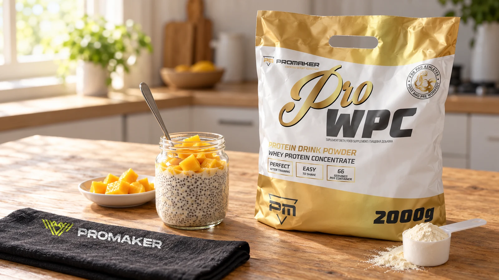 Słoik puddingu chia proteinowego z kostkami mango, obok talerzyk mango, odżywka Pro WPC PROMAKER i czarny ręcznik z logo
