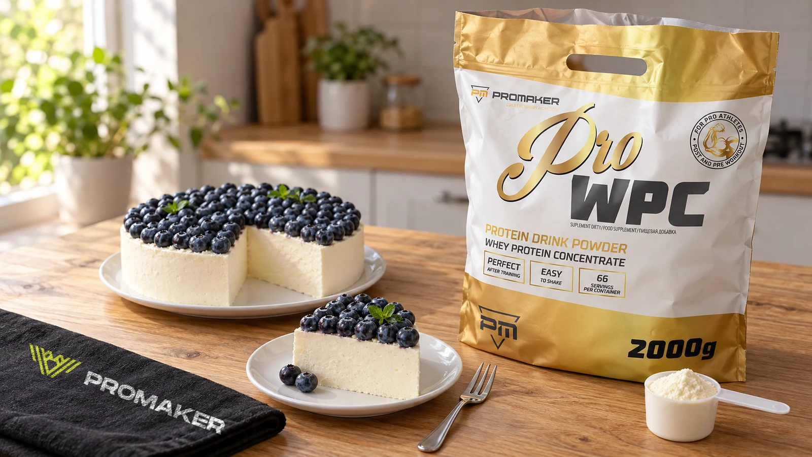 Sernik na zimno proteinowy bez spodu z borówkami i kawałek na talerzyku, obok odżywka Pro WPC PROMAKER i czarny ręcznik