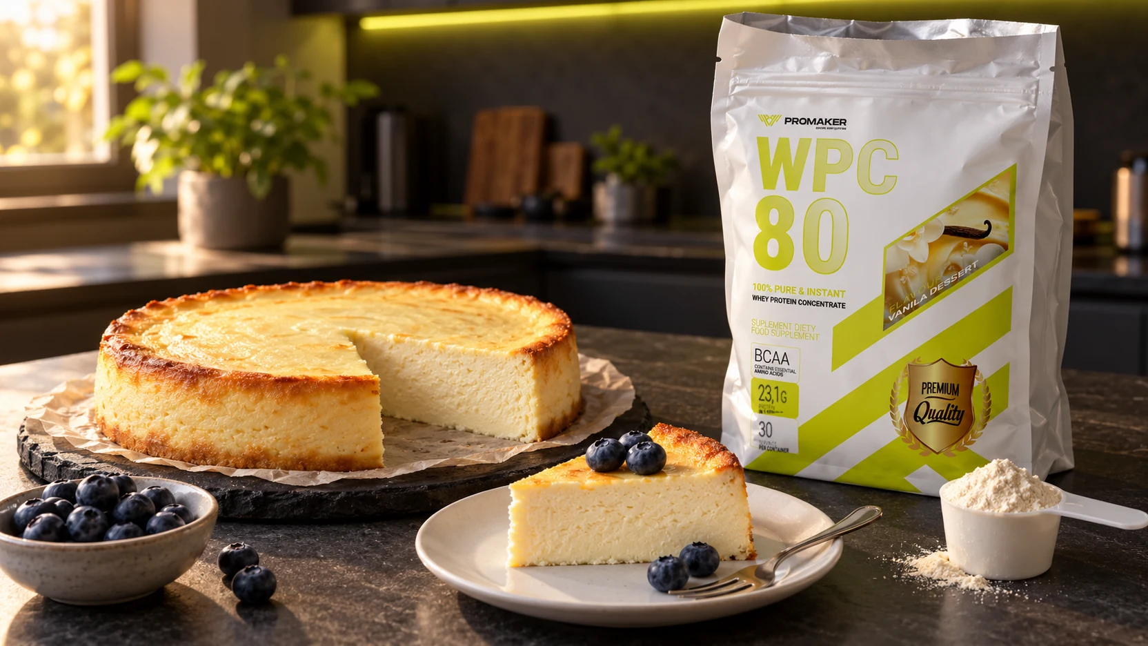 Sernik proteinowy bez spodu z jogurtu greckiego, kawałek z borówkami, obok odżywka Gold WPC80 PROMAKER