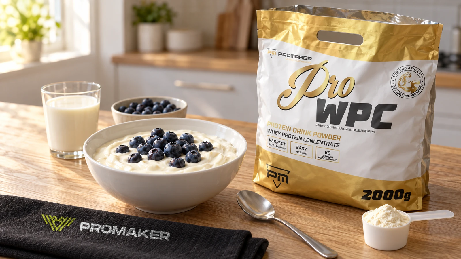 Miska jogurtu proteinowego z borówkami na drewnianym stole, obok otwarta odżywka Pro WPC PROMAKER wanilia i ręcznik z logo