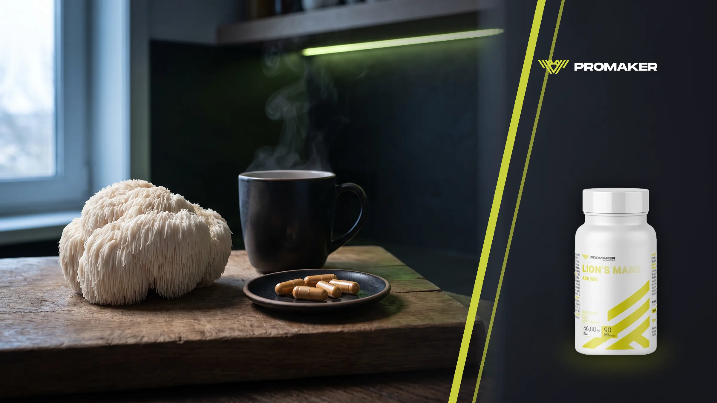 Świeża soplówka jeżowata na drewnianej desce obok kubka z herbatą i kapsułek, a obok opakowanie Promaker Lion's Mane 400 mg