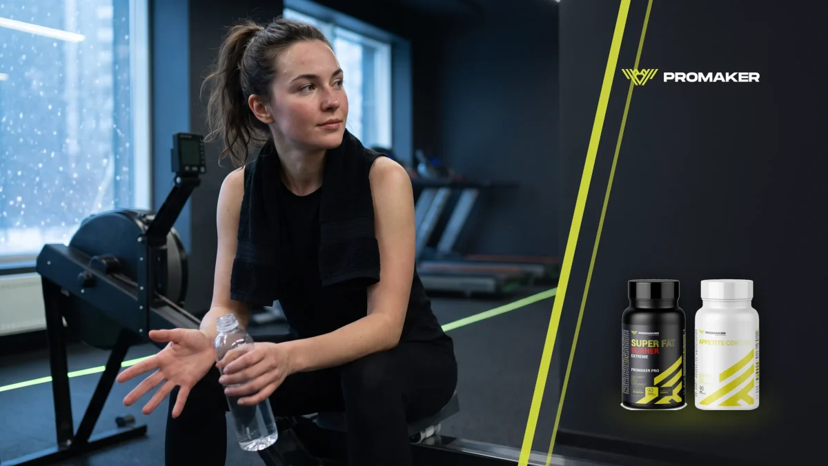 Spalacze tłuszczu: sportsmenka z ręcznikiem na szyi odpoczywa po treningu cardio na siłowni zimą z butelką wody; obok Super Fat Burner Extreme i Appetite Control