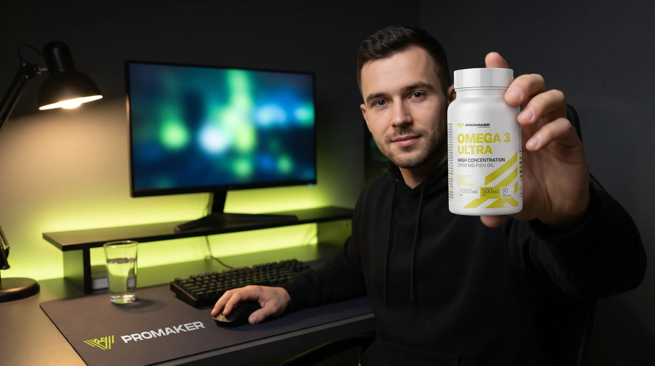 Gracz przy biurku z monitorem trzyma kapsułki Omega ULTRA PROMAKER, na biurku podkładka pod mysz z logo PROMAKER