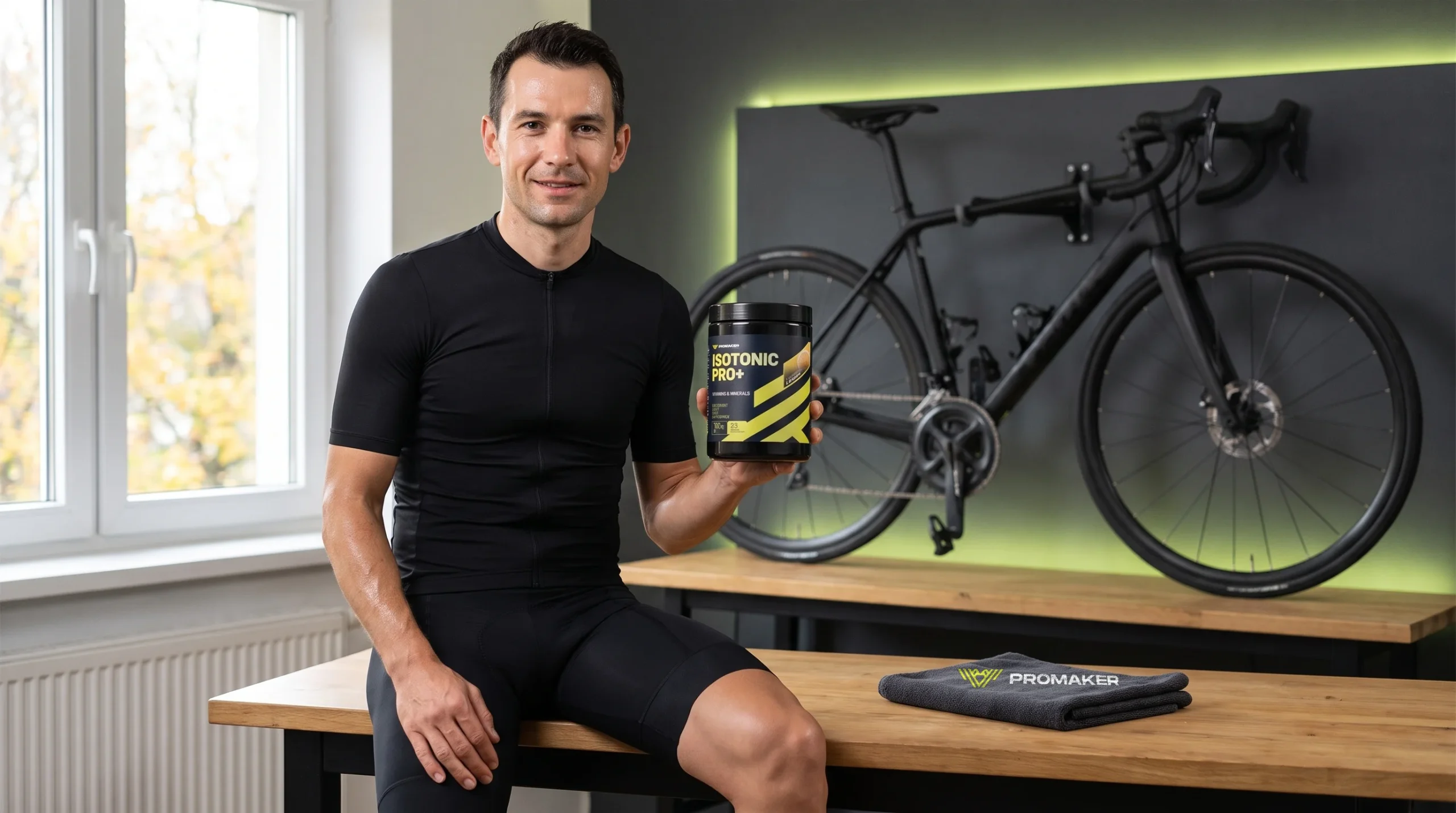 Kolarz w warsztacie rowerowym trzyma izotonik PROMAKER Isotonic Pro+ 700 g, obok ręcznik PROMAKER i rower szosowy