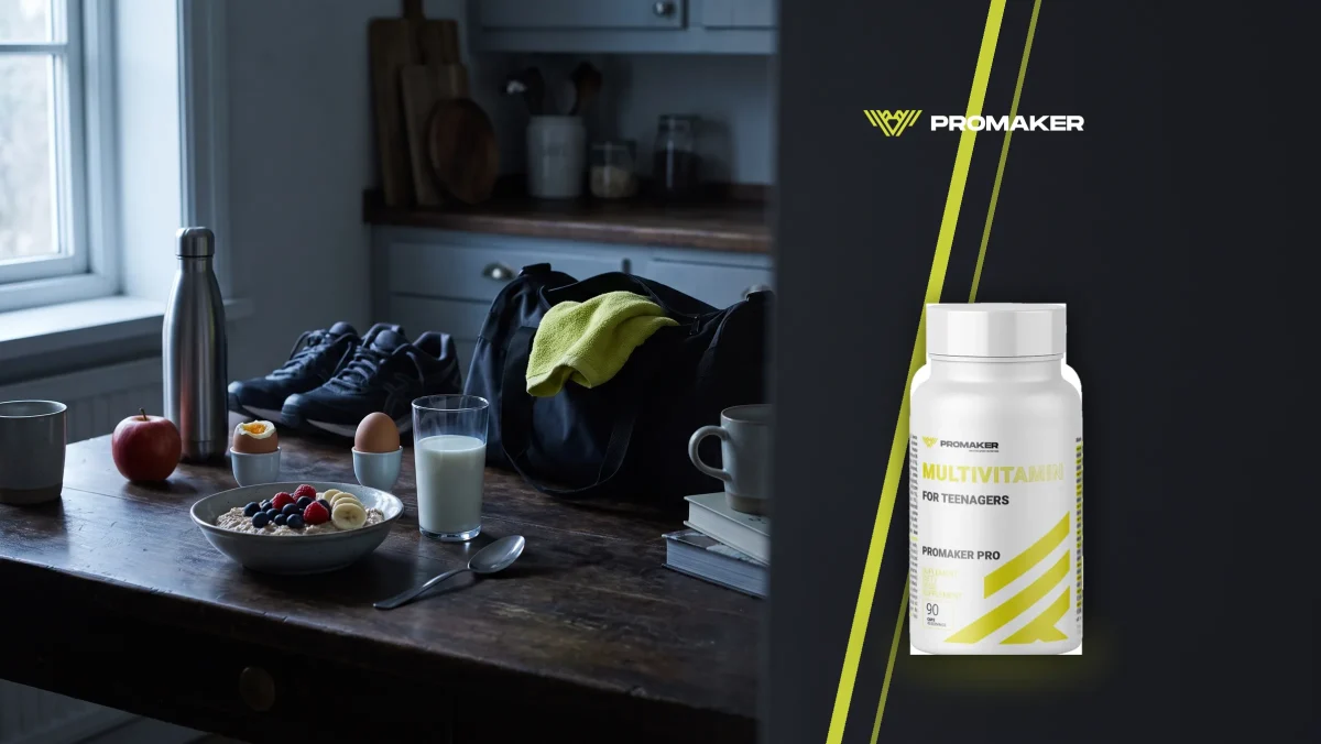 Śniadanie przed treningiem: owsianka z owocami, jajka, mleko, buty sportowe i torba na stole; obok Multivitamin For Teenagers